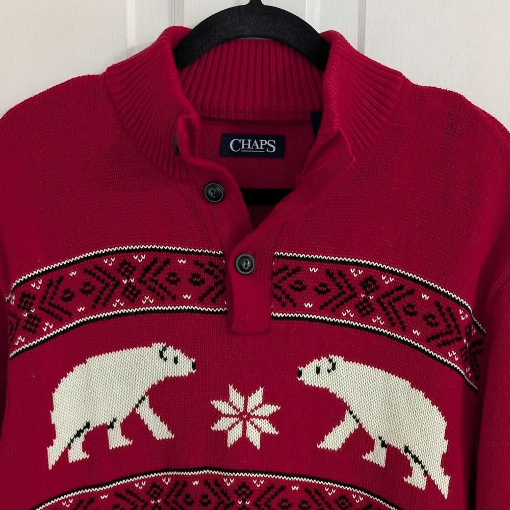 Chaps Men's Holiday Henley Sweater LARGE Cotton Winter Christmas Soft‎ Bears Red